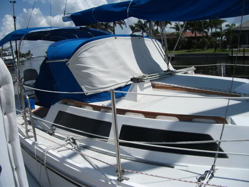 Slide: The Image of 1992 Catalina 30 MkII sailboat with blue canvas cover, docked near palm trees. - 2
