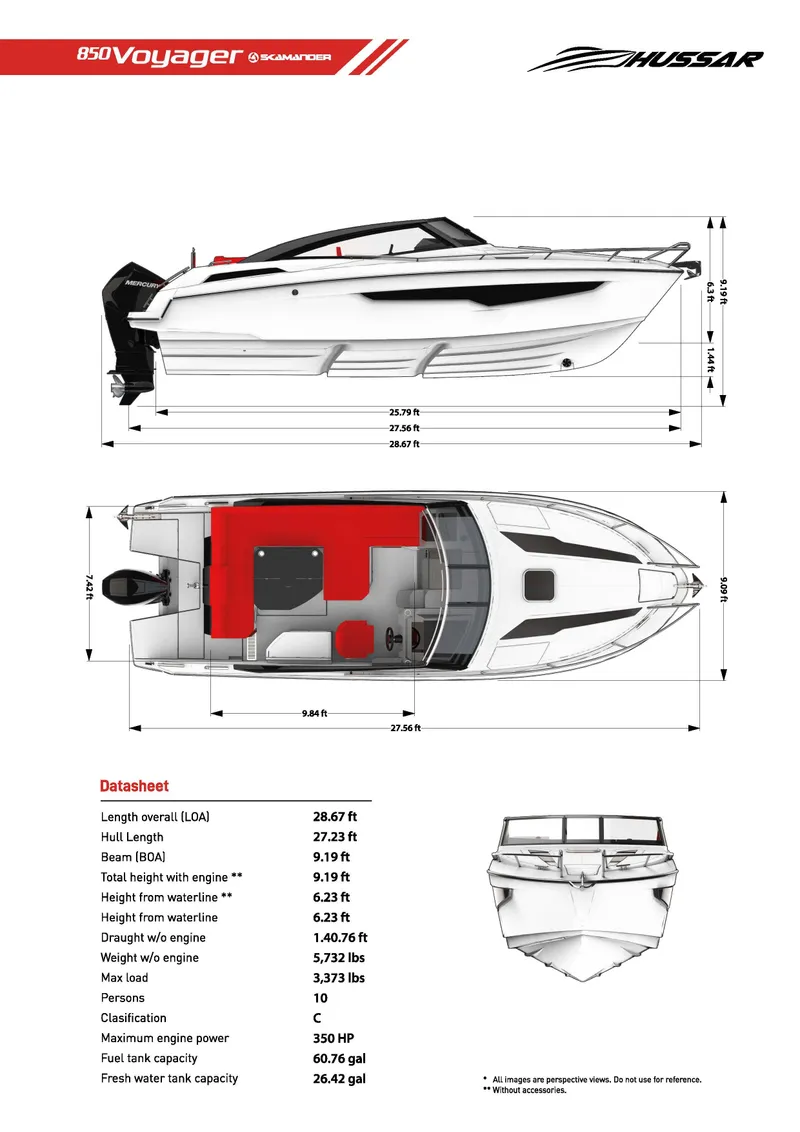 Slide: The Image of 2023 Hussar 850 Voyager boat specifications and design layout with dimensions and features. - 4