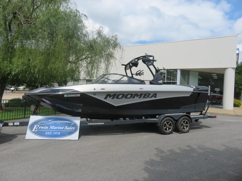 Slide: The Image of 2020 Moomba Makai boat on trailer at Erwin Marine Sales dealership. - 1