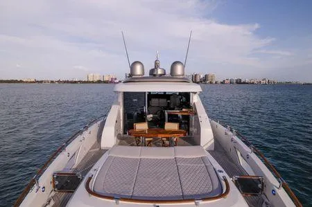 Slide: The Image of Luxury 2007 Lazzara LSX 75 yacht on calm water with city skyline in background. - 12