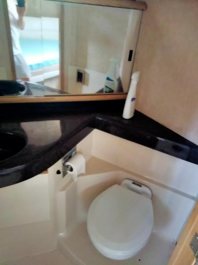 Slide: The Image of 1990 Bayliner 4387 Aft Cabin bathroom with toilet, mirror, and countertop. - 16