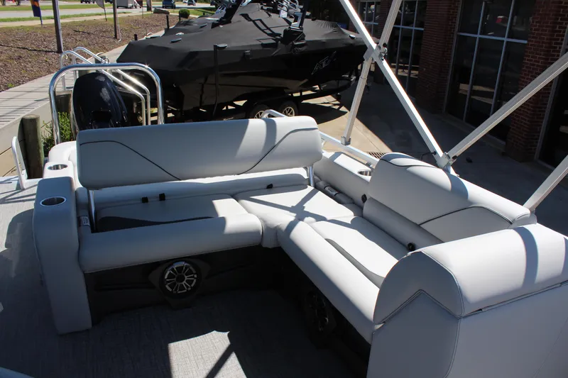 Slide: The Image of 2025 Tahoe Pontoon Sport 85 Versatile Rear Bench with sleek seating design. - 10