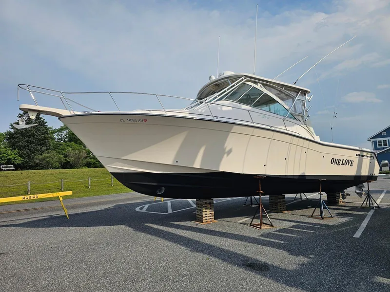Slide: The Image of 2006 Grady-White Express 360 boat on stands in a parking lot. - 5