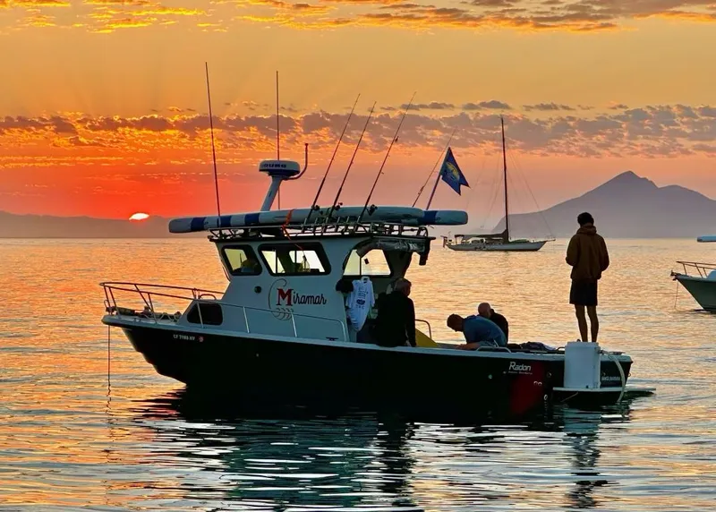 Slide: The Image of 1987 Radon 26 boat at sunset with fishing gear and scenic mountain backdrop. - 2
