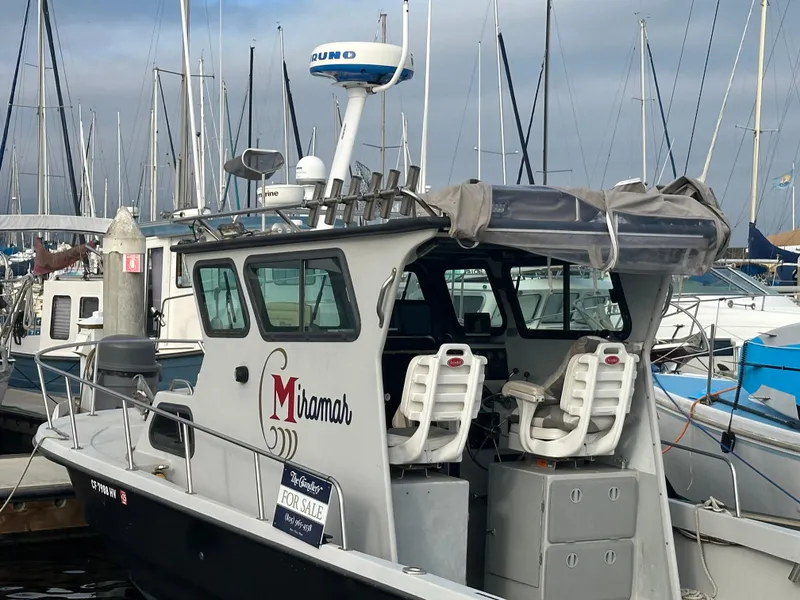 Slide: The Image of 1987 Radon 26 boat docked, featuring dual seats and radar, with marina background. - 6