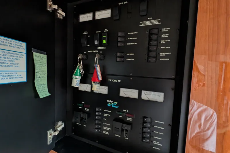 Slide: The Image of Electrical panel of a 1998 Sea Ray 400 Sundancer boat with labeled switches and keychains. - 22