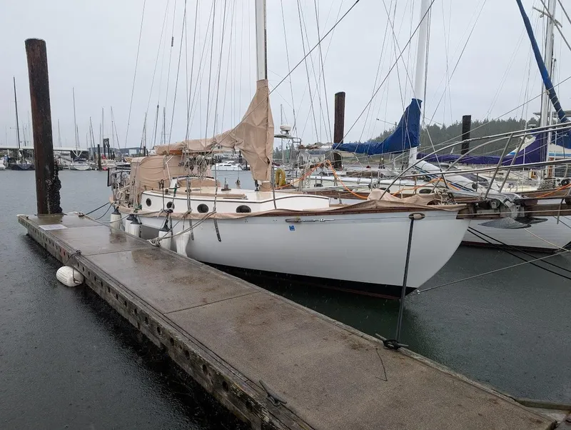 Slide: The Image of 1977 Alajuela 38 Mk1 sailboat docked at a marina on a rainy day. - 1