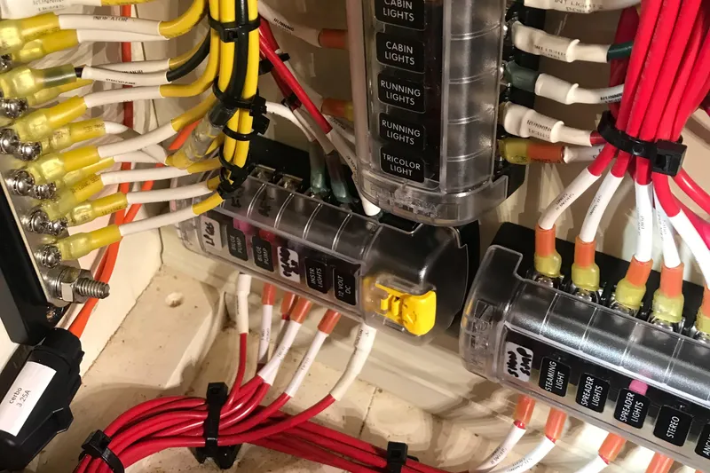 Slide: The Image of Electrical panel with labeled wires in a 1977 Alajuela 38 Mk1 boat. - 37