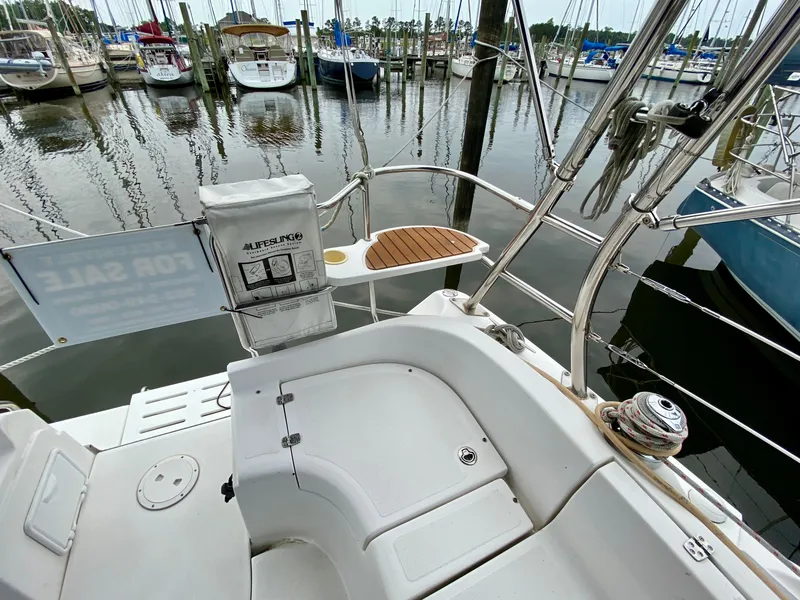 Slide: The Image of Cockpit view of 2008 Hunter 36-2 sailboat docked at marina. - 9