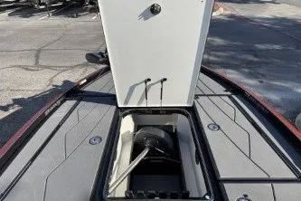 Slide: The Image of 2025 Ranger Z520R Cup-Equipped boat storage compartment open on deck. - 7