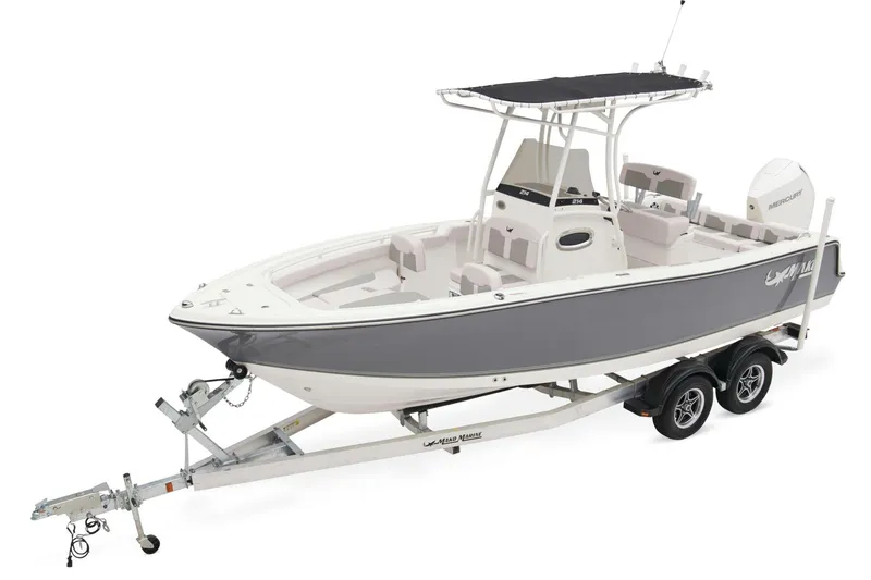 The Image of 2025 Mako 214 Center Console boat on trailer, showcasing sleek design and logo. - 0