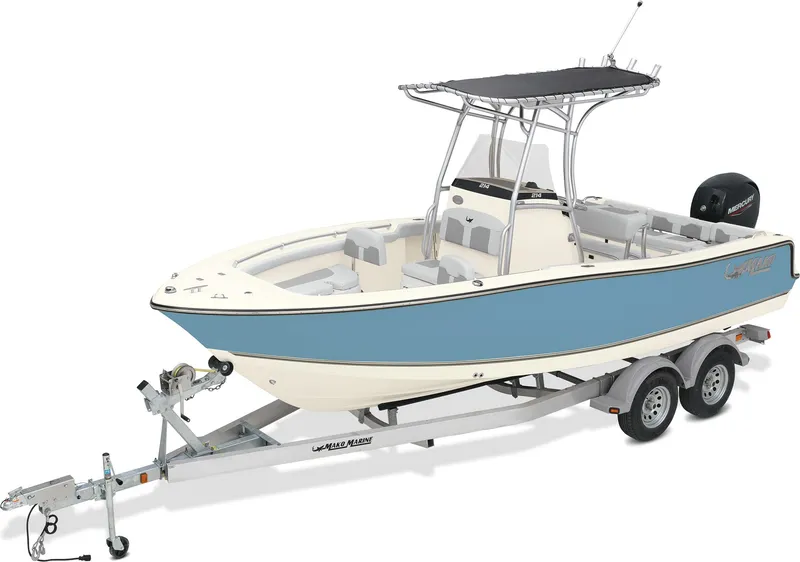 Slide: The Image of 2025 Mako 214 Center Console boat with rod holders and steering wheel, outdoors. - 11