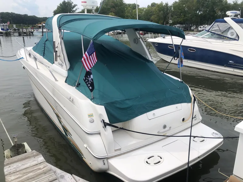 Slide: The Image of 1998 Sea Ray 290 Sundancer boat docked with teal canopy and American flag. - 2