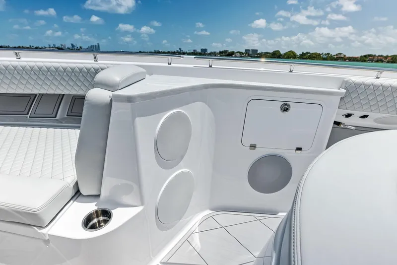 Slide: The Image of 2025 HCB 56' Sueños GIX luxury yacht interior with plush seating and sleek design. - 24