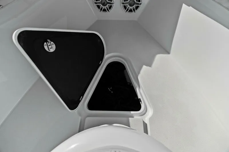 Slide: The Image of 2021 Yellowfin 39 boat interior with open storage compartments and speakers. - 17