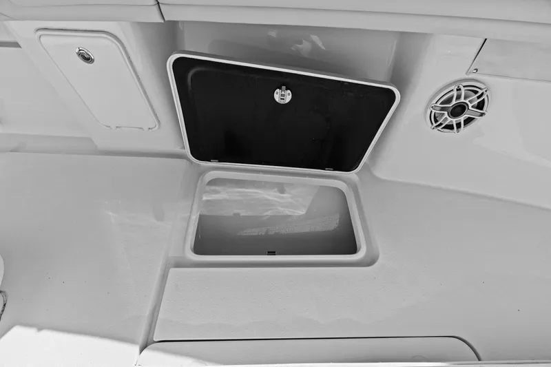 Slide: The Image of 2021 Yellowfin 39 boat interior with storage compartments and speaker. - 18