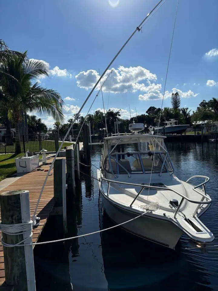Slide: The Image of 2003 Albemarle 260 boat docked in a sunny marina with palm trees. - 4