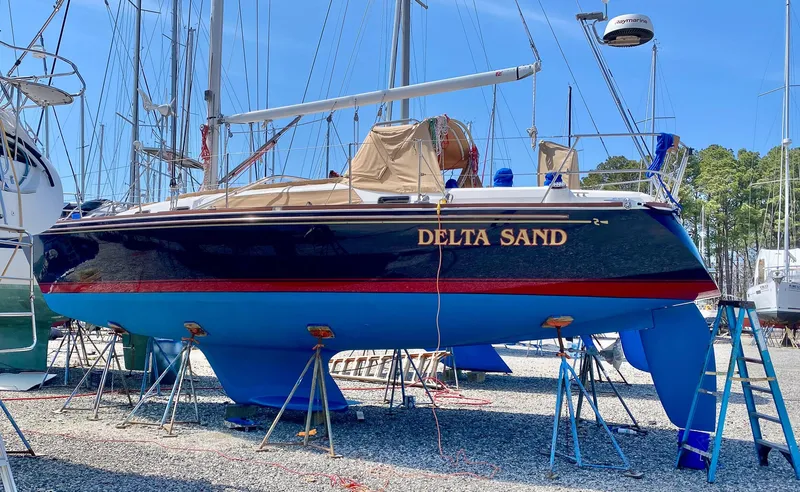 Slide: The Image of Sailboat "Delta Sand" on stands, Sabre 362 model, 2000, in a boatyard. - 29