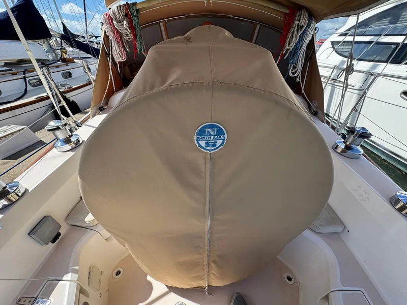 Slide: The Image of Sailboat cockpit with covered wheel, Sabre 362, 2000 model, docked at marina. - 31