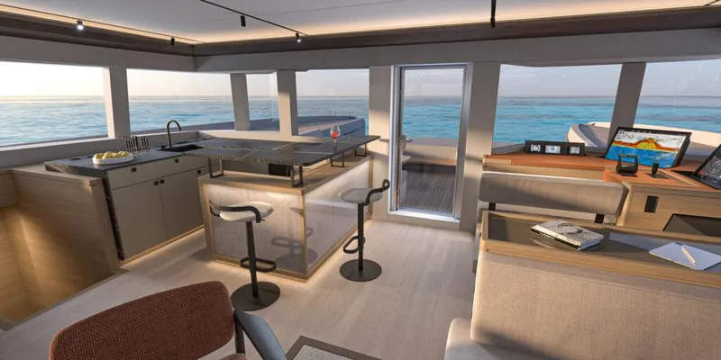 Slide: The Image of Luxurious interior of 2025 Lagoon 83 yacht with ocean view, modern kitchen, and seating area. - 11