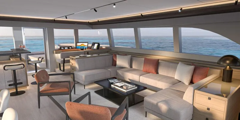Slide: The Image of Luxurious Lagoon 83 yacht interior, 2025 model, featuring modern seating and ocean views. - 14