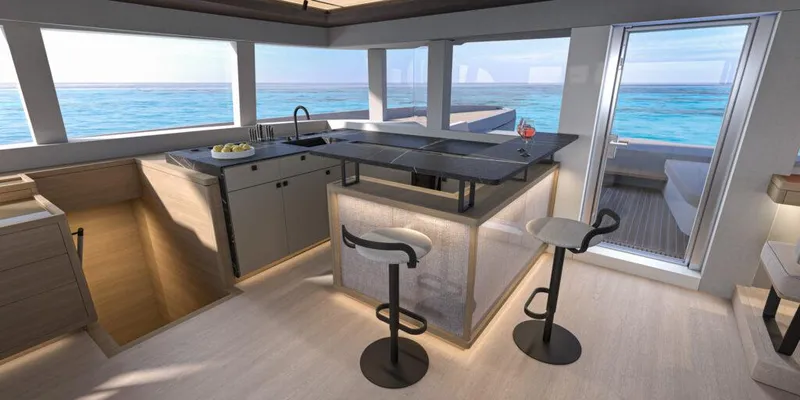 Slide: The Image of Modern interior of 2025 Lagoon 83 yacht with ocean view and sleek kitchen design. - 15