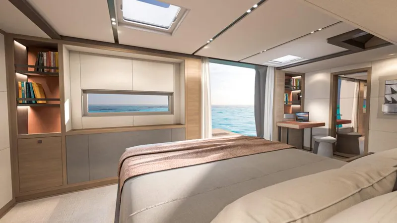 Slide: The Image of Luxurious interior of 2025 Lagoon 83 yacht with ocean view and modern furnishings. - 16
