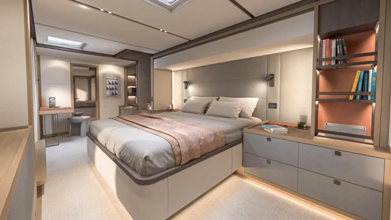 Slide: The Image of Luxurious bedroom interior of 2025 Lagoon 83 yacht with modern design and elegant furnishings. - 17