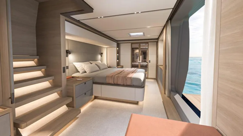 Slide: The Image of Luxurious Lagoon 83 yacht bedroom interior, 2025 model, with ocean view and modern design. - 18