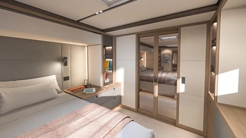 Slide: The Image of Luxurious bedroom interior of 2025 Lagoon 83 yacht, featuring modern design and cozy ambiance. - 19