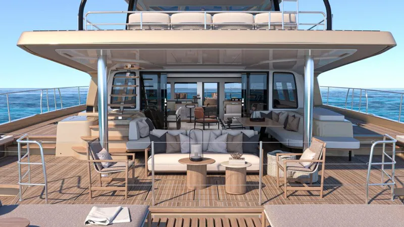 Slide: The Image of Luxurious Lagoon 83 yacht deck with elegant seating, ocean view, 2025 model. - 2