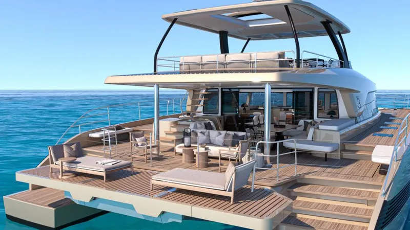 Slide: The Image of Luxurious 2025 Lagoon 83 yacht with spacious deck and modern design on open sea. - 24