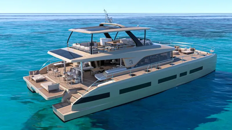 Slide: The Image of Luxurious 2025 Lagoon 83 yacht cruising on clear blue ocean waters. - 3