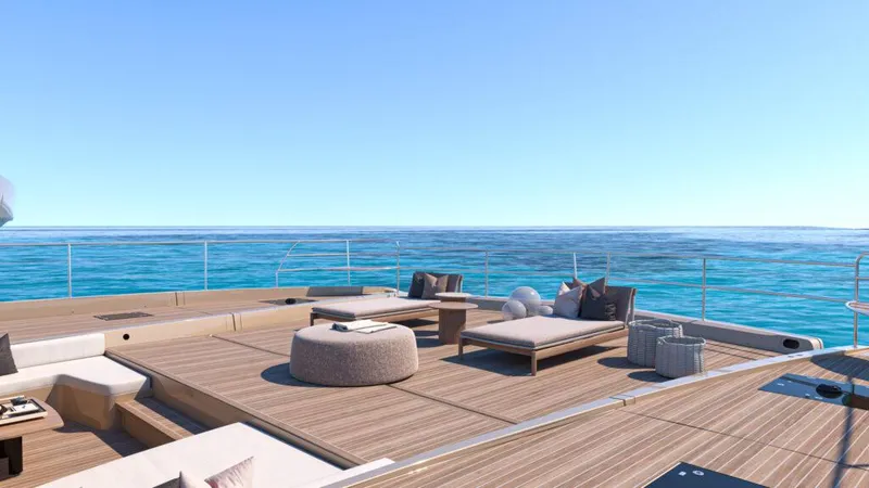 Slide: The Image of Luxurious Lagoon 83 yacht deck, 2025 model, with elegant seating and ocean view. - 5