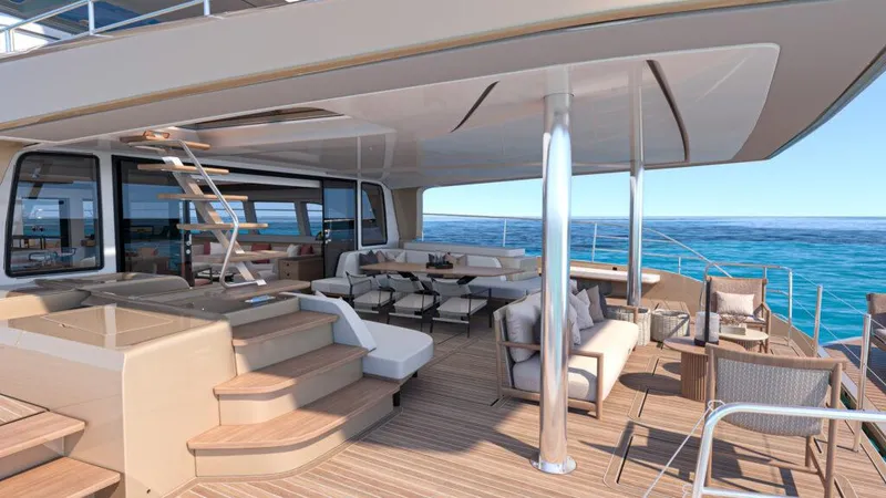 Slide: The Image of Luxurious Lagoon 83 yacht deck with modern seating, ocean view, 2025 model. - 6