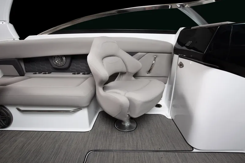 Slide: The Image of 2026 Four Winns HD8 boat interior with gray seating and modern design. - 15