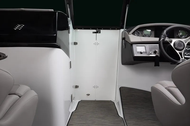 Slide: The Image of Interior view of 2026 Four Winns HD8 boat, featuring sleek design and modern dashboard. - 21
