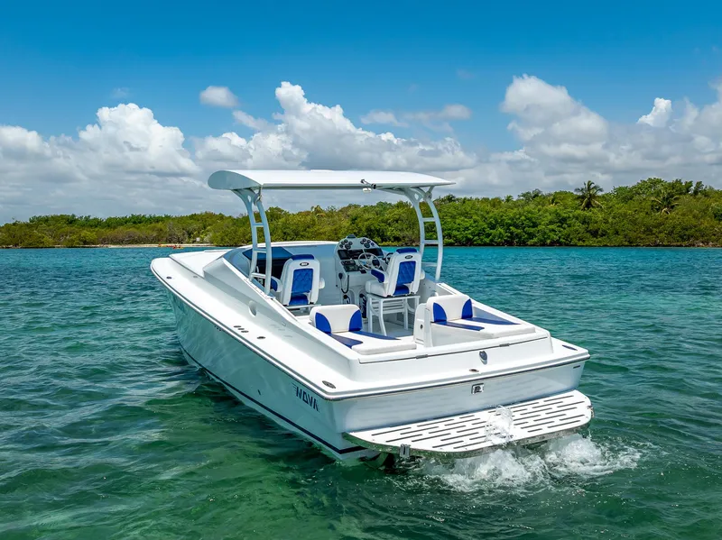 Slide: The Image of Nova 39 Sport 2020 boat cruising on clear blue water under a sunny sky. - 4