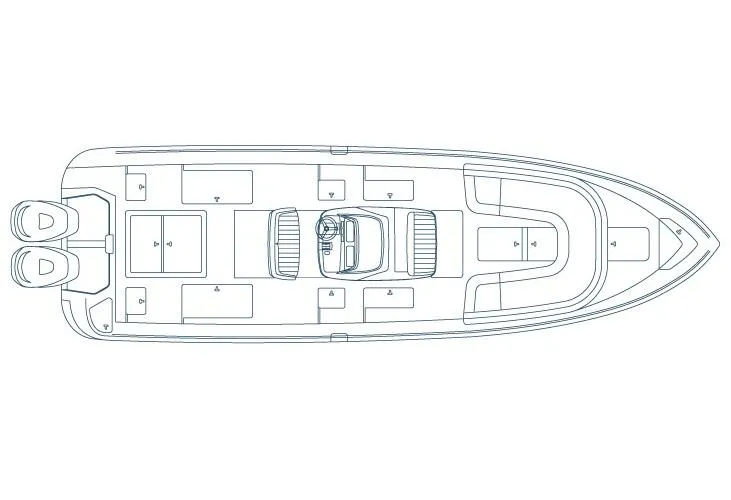 Slide: The Image of Top view schematic of a 2016 Intrepid 327 Center Console boat layout. - 2