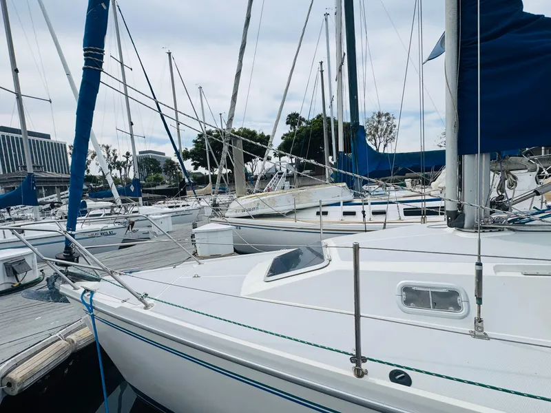 Slide: The Image of 1994 Catalina 320 sailboat docked in a marina, surrounded by other boats. - 14