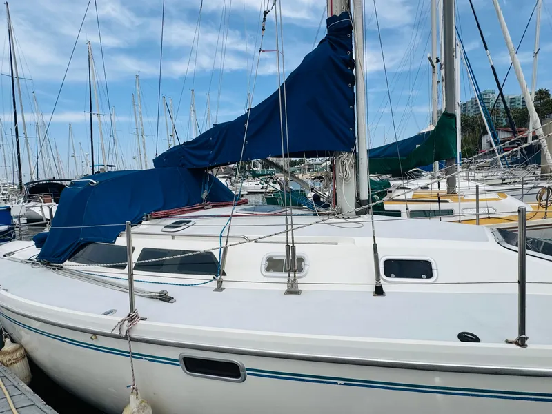 Slide: The Image of 1994 Catalina 320 sailboat docked in a marina, featuring a blue sail cover. - 2