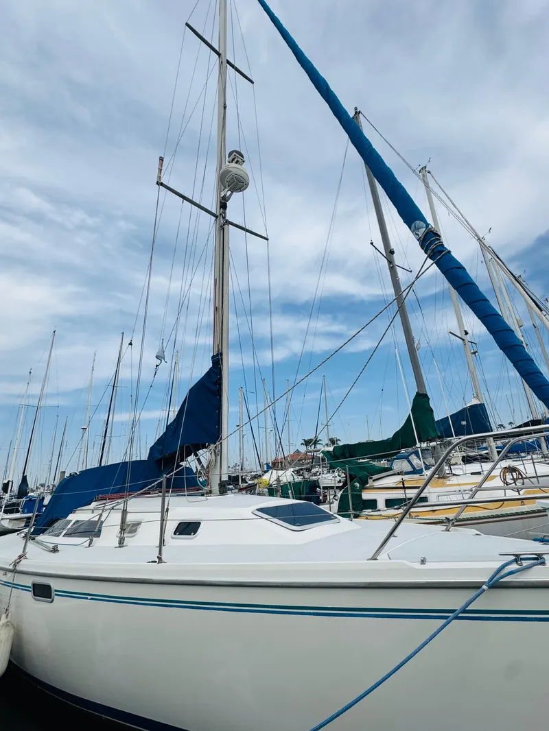Slide: The Image of 1994 Catalina 320 sailboat docked at marina under blue sky. - 5