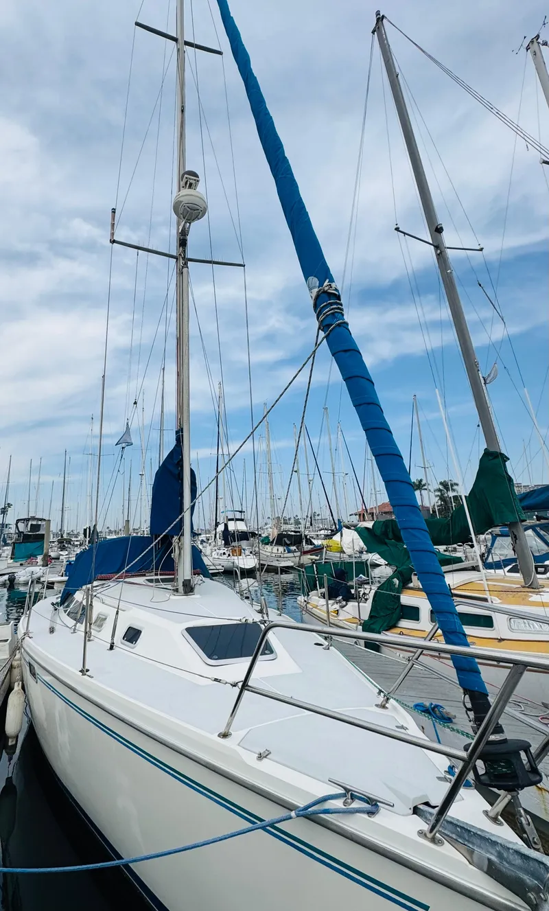 Slide: The Image of 1994 Catalina 320 sailboat docked at marina under cloudy sky. - 6