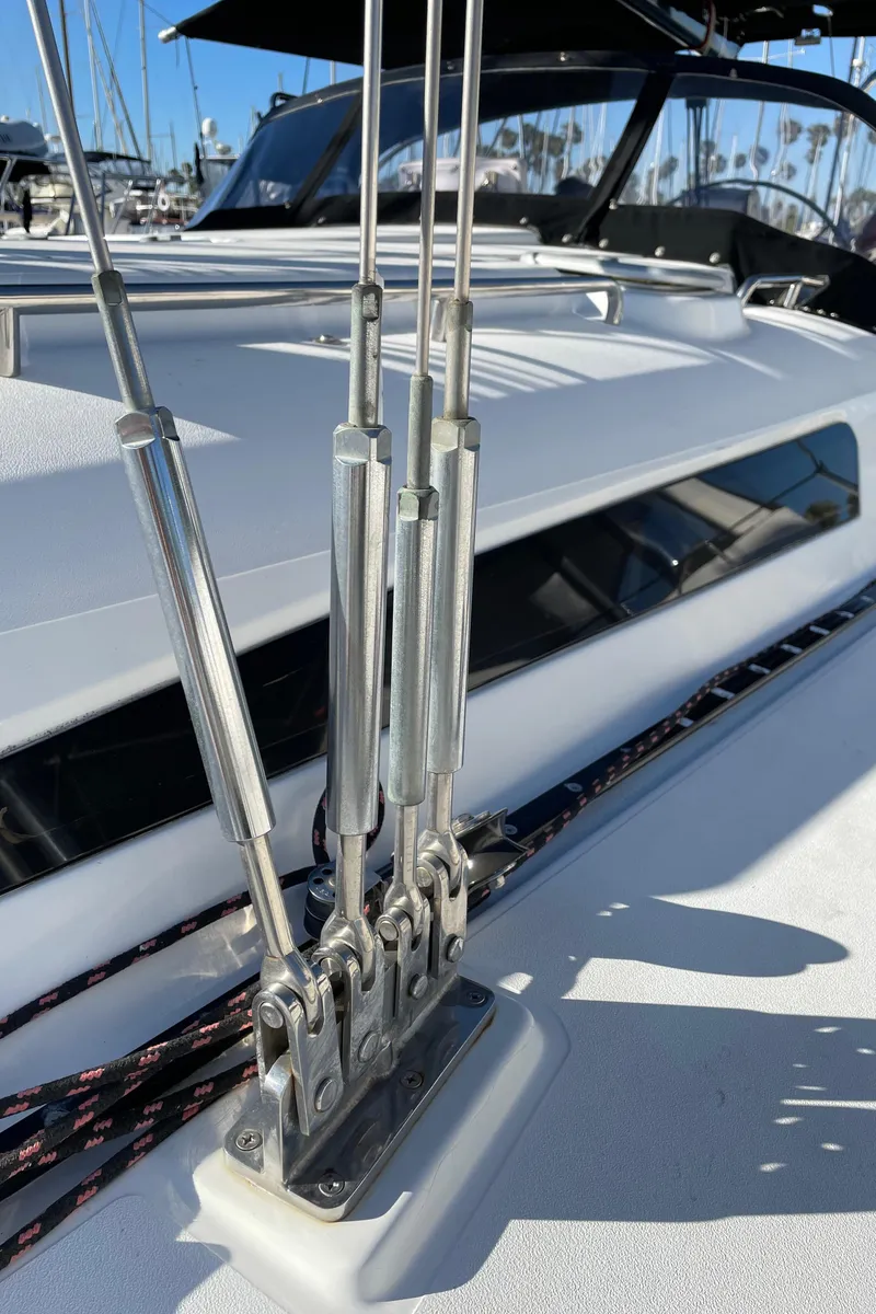 Slide: The Image of Close-up of rigging on a 2001 C&C 121 sailboat, showcasing stainless steel fittings. - 29