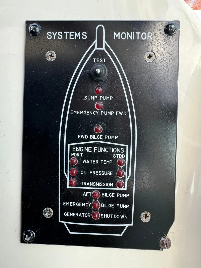 Slide: The Image of 1997 Sea Ray 330 Sundancer systems monitor panel with pump and engine function indicators. - 14
