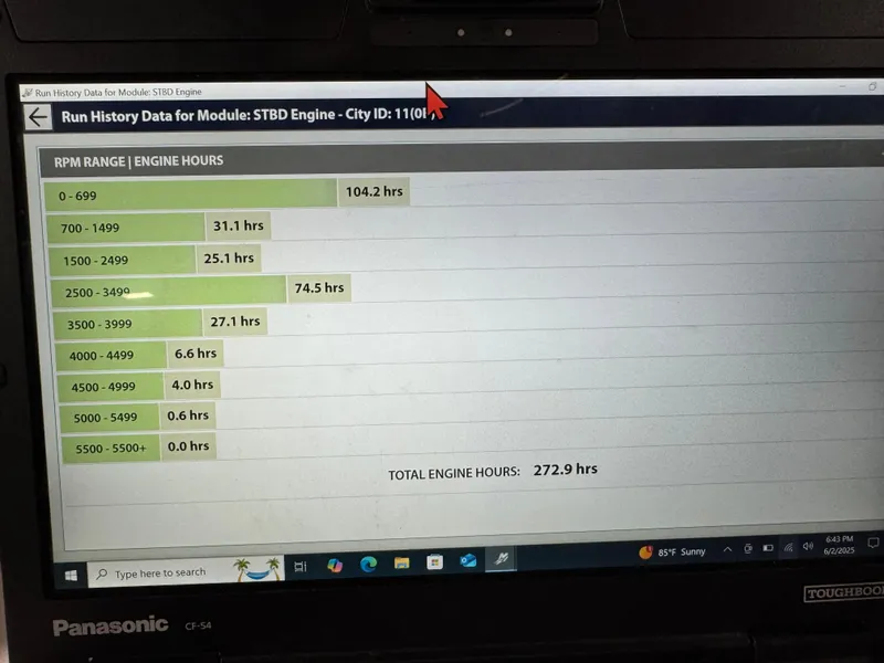 Slide: The Image of Laptop displaying engine runtime data for 2015 Crownline Eclipse E4. - 15
