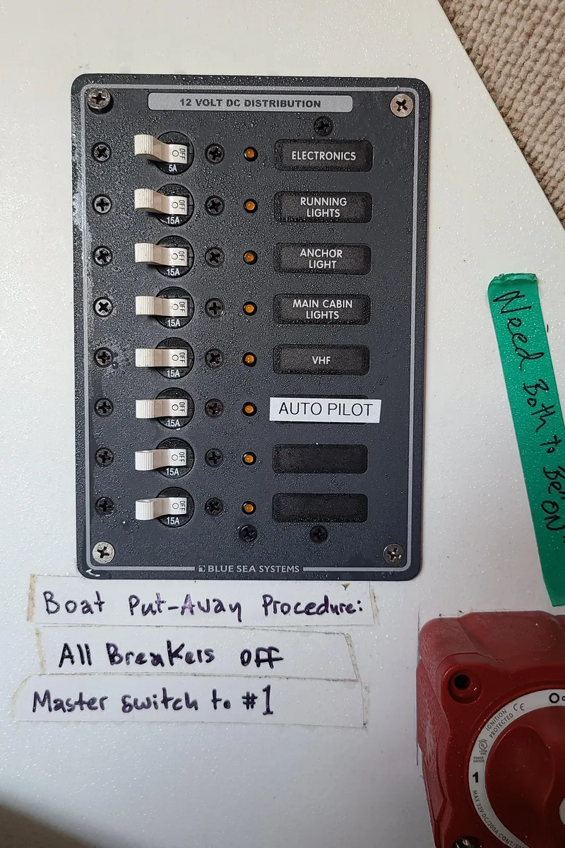 Slide: The Image of Control panel of a 1987 Corsair F-27 boat with labeled switches and instructions. - 17