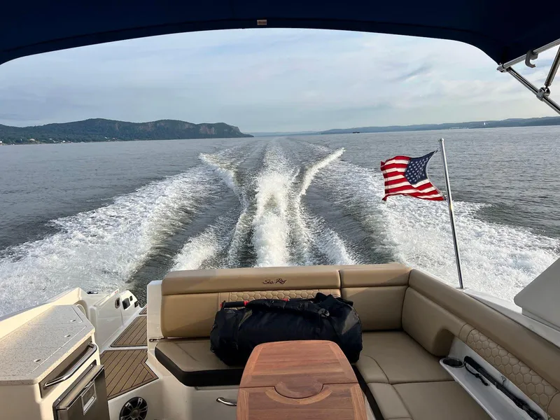Slide: The Image of 2021 Sea Ray SDX 290 boat cruising with American flag, scenic water view. - 12