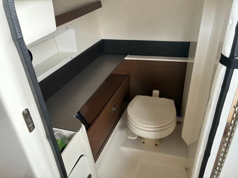 Slide: The Image of 2021 Sea Ray SDX 290 boat bathroom with modern fixtures and storage. - 13