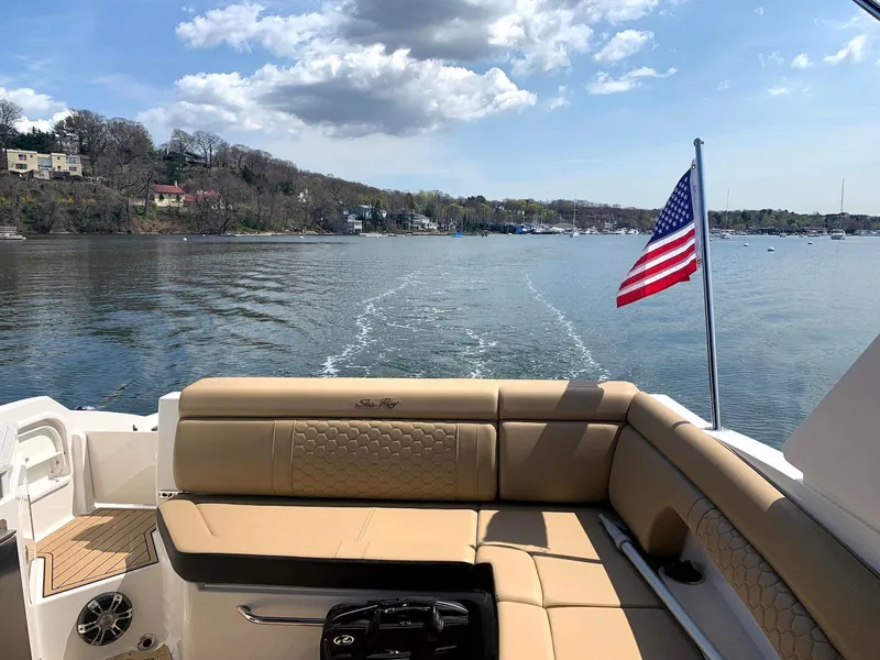 Slide: The Image of 2021 Sea Ray SDX 290 boat with American flag on a scenic lake. - 7
